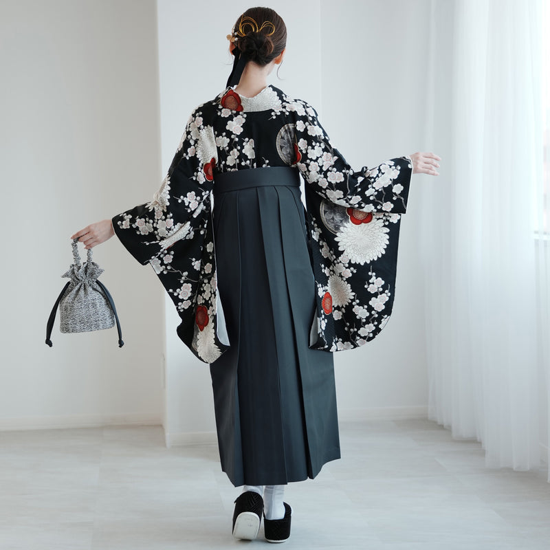 【レンタル】 袴 17点セット 九重 二尺袖着物 梅に菊・黒   重ね衿縫い付済  卒業式 大学生 専門学生（1020727401）