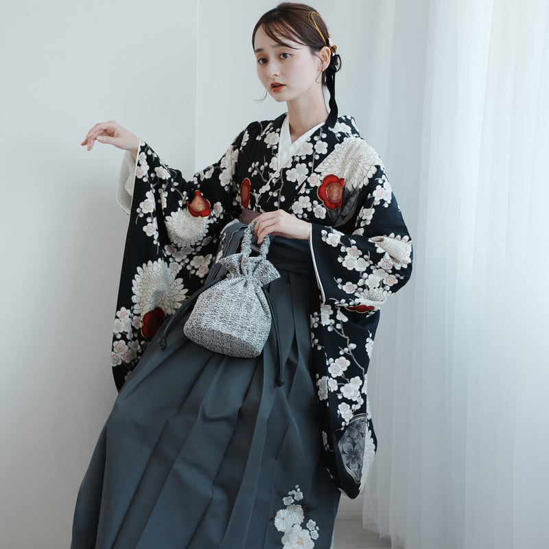 【レンタル】 袴 17点セット 九重 二尺袖着物 梅に菊・黒   重ね衿縫い付済  卒業式 大学生 専門学生（1020727401）