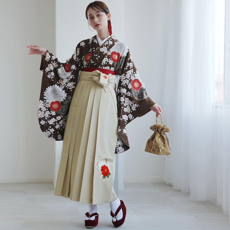 【レンタル】 袴 17点セット 九重 二尺袖着物 梅に菊・ブラウン   重ね衿縫い付済  卒業式 大学生 専門学生（1020727501）