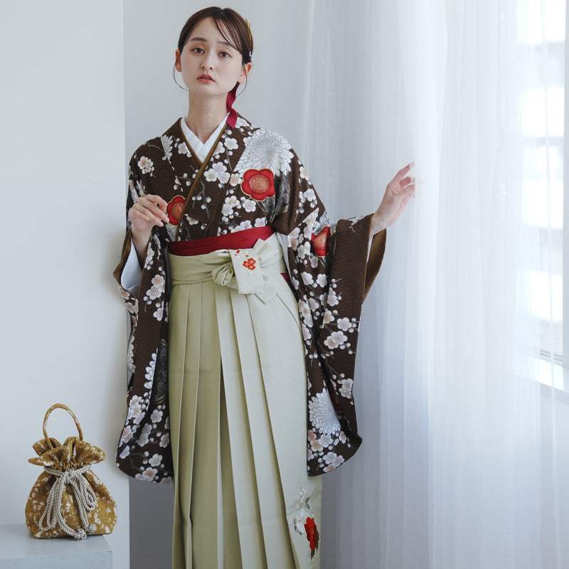 【レンタル】 袴 17点セット 九重 二尺袖着物 梅に菊・ブラウン   重ね衿縫い付済  卒業式 大学生 専門学生（1020727501）