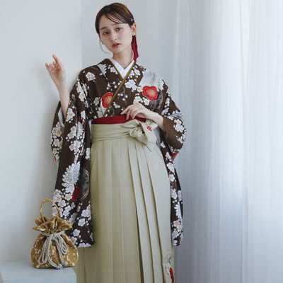 【レンタル】 袴 17点セット 九重 二尺袖着物 梅に菊・ブラウン   重ね衿縫い付済  卒業式 大学生 専門学生（1020727501）