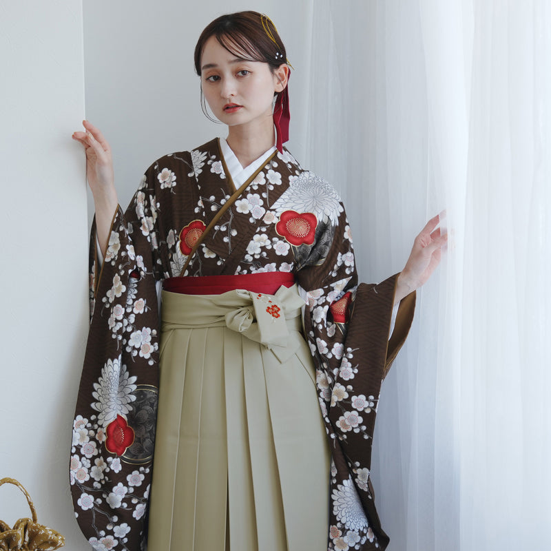 【レンタル】 袴 17点セット 九重 二尺袖着物 梅に菊・ブラウン   重ね衿縫い付済  卒業式 大学生 専門学生（1020727501）