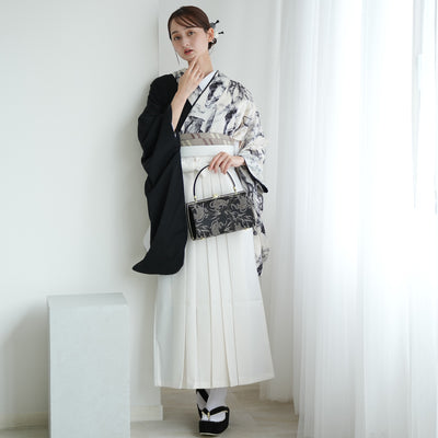 【レンタル】 袴 17点セット 二尺袖着物 半身 白地に黒煙×ブラック 袴91cm（身長153-158cm） 重ね衿縫い付済  卒業式 大学生 専門学生（1020727611）