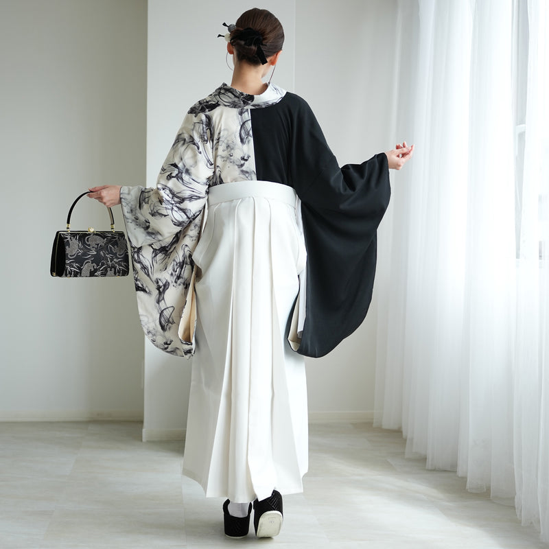 【レンタル】 袴 17点セット 二尺袖着物 半身 白地に黒煙×ブラック 袴91cm（身長153-158cm） 重ね衿縫い付済  卒業式 大学生 専門学生（1020727611）