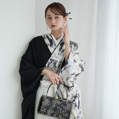 【レンタル】 袴 17点セット 二尺袖着物 半身 白地に黒煙×ブラック 袴91cm（身長153-158cm） 重ね衿縫い付済  卒業式 大学生 専門学生（1020727611）