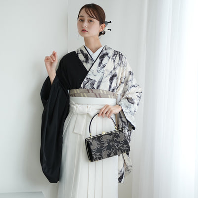 【レンタル】 袴 17点セット 二尺袖着物 半身 白地に黒煙×ブラック 袴91cm（身長153-158cm） 重ね衿縫い付済  卒業式 大学生 専門学生（1020727611）