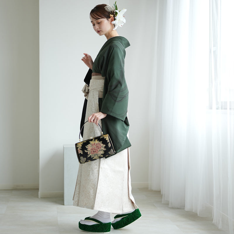 【レンタル】 袴 17点セット 二尺袖着物 半身 流水グリーン×ブラック 袴91cm（身長153-158cm） 重ね衿縫い付済  卒業式 大学生 専門学生（1020727811）