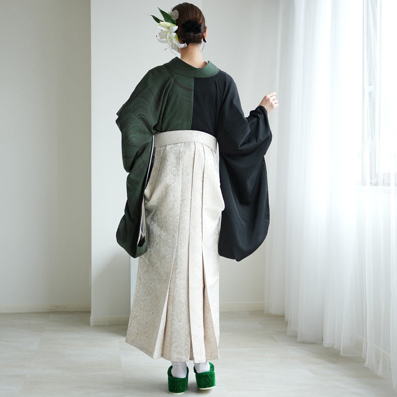 【レンタル】 袴 17点セット 二尺袖着物 半身 流水グリーン×ブラック 袴91cm（身長153-158cm） 重ね衿縫い付済  卒業式 大学生 専門学生（1020727811）