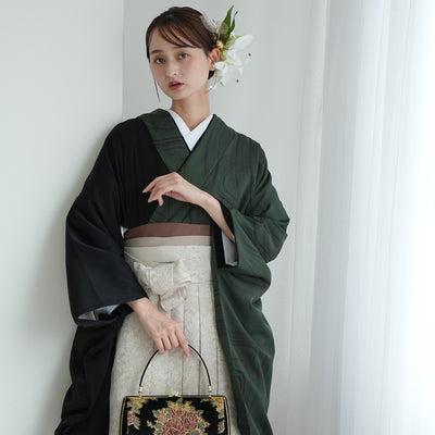 【レンタル】 袴 17点セット 二尺袖着物 半身 流水グリーン×ブラック 袴91cm（身長153-158cm） 重ね衿縫い付済  卒業式 大学生 専門学生（1020727811）
