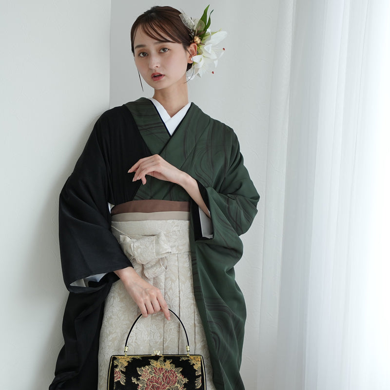 【レンタル】 袴 17点セット 二尺袖着物 半身 流水グリーン×ブラック 袴91cm（身長153-158cm） 重ね衿縫い付済  卒業式 大学生 専門学生（1020727811）