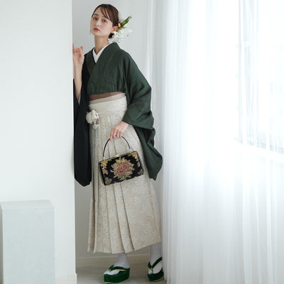 【レンタル】 袴 17点セット 二尺袖着物 半身 流水グリーン×ブラック 袴91cm（身長153-158cm） 重ね衿縫い付済  卒業式 大学生 専門学生（1020727811）