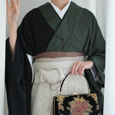 【レンタル】 袴 17点セット 二尺袖着物 半身 流水グリーン×ブラック 袴91cm（身長153-158cm） 重ね衿縫い付済  卒業式 大学生 専門学生（1020727811）