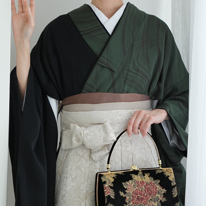 【レンタル】 袴 17点セット 二尺袖着物 半身 流水グリーン×ブラック 袴91cm（身長153-158cm） 重ね衿縫い付済  卒業式 大学生 専門学生（1020727811）