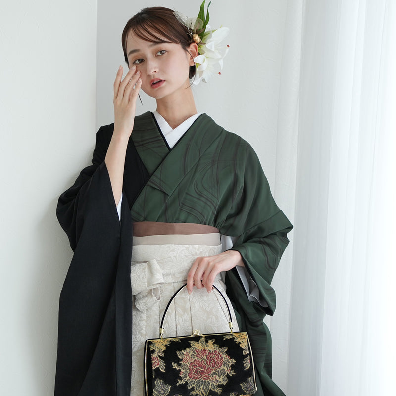 【レンタル】 袴 17点セット 二尺袖着物 半身 流水グリーン×ブラック 袴91cm（身長153-158cm） 重ね衿縫い付済  卒業式 大学生 専門学生（1020727811）