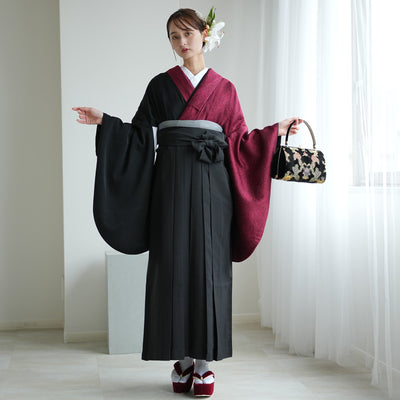 【レンタル】 袴 17点セット 二尺袖着物 半身 密か紅×ブラック 重ね衿縫い付済  卒業式 大学生 専門学生（1020727901）