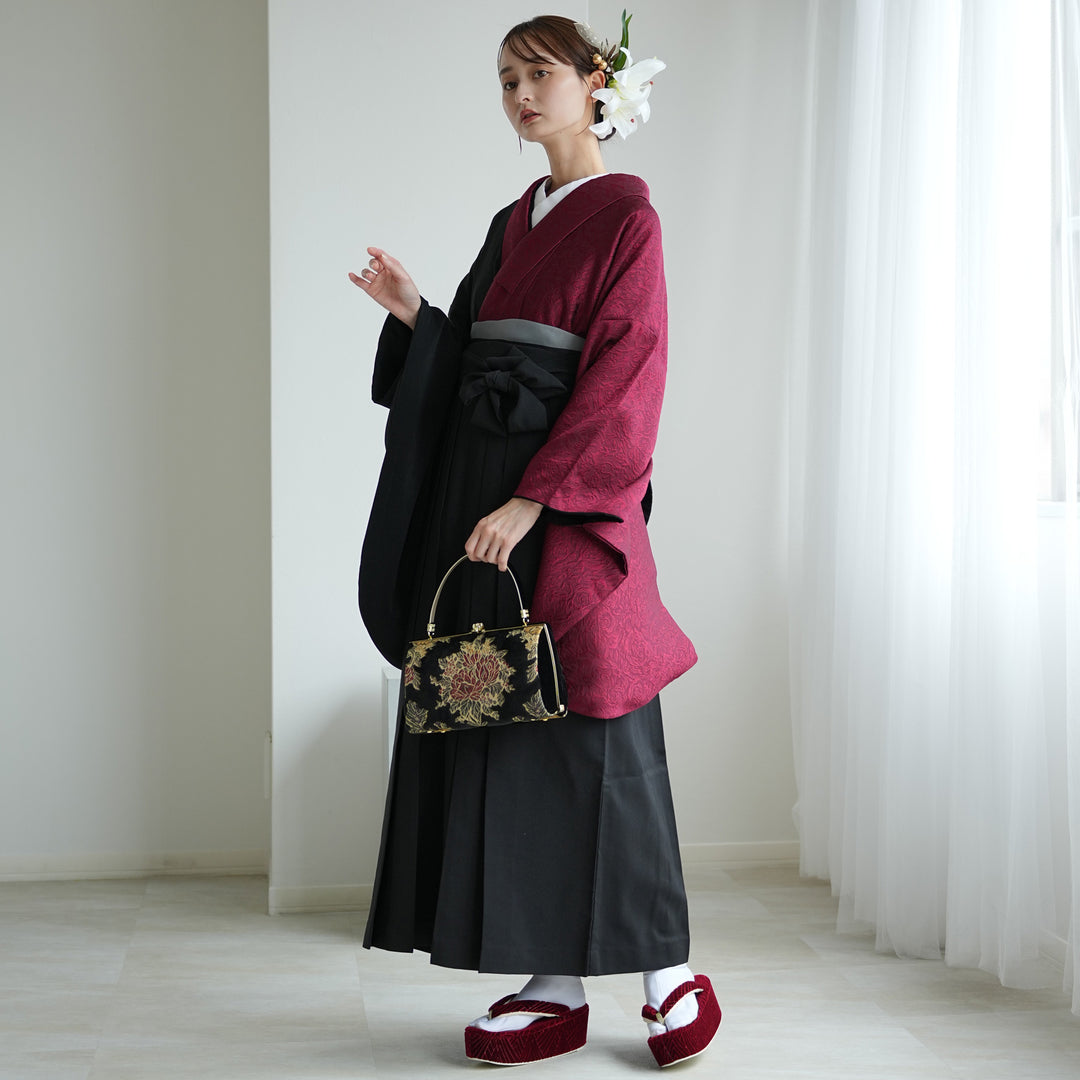 レンタル】 袴 17点セット 二尺袖着物 半身 密か紅×ブラック 重ね衿