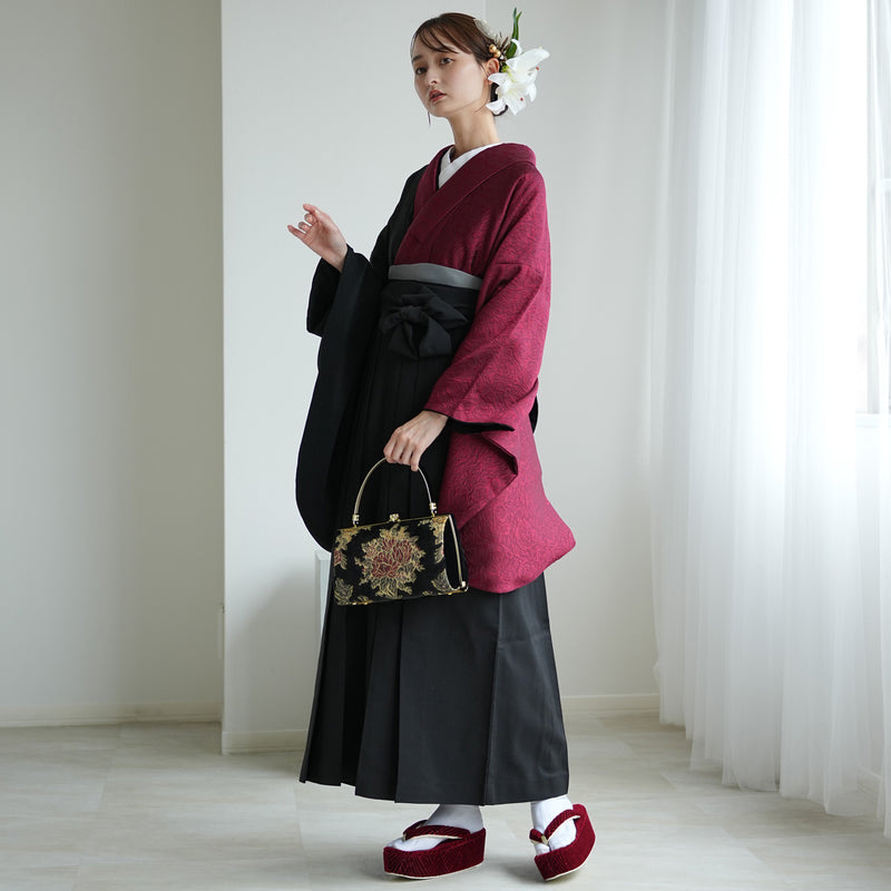 【レンタル】 袴 17点セット 二尺袖着物 半身 密か紅×ブラック 重ね衿縫い付済  卒業式 大学生 専門学生（1020727901）