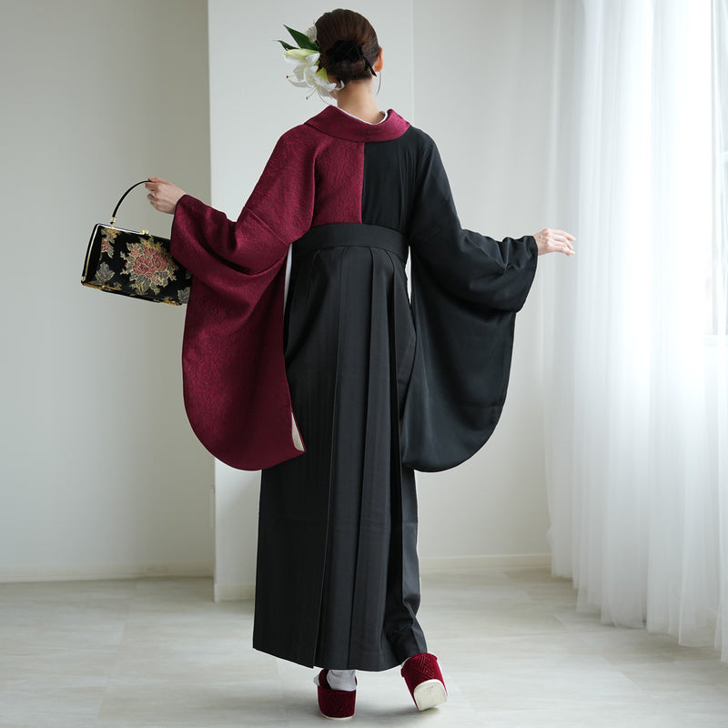 【レンタル】 袴 17点セット 二尺袖着物 半身 密か紅×ブラック 重ね衿縫い付済  卒業式 大学生 専門学生（1020727901）