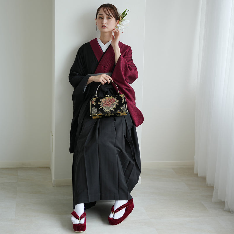 【レンタル】 袴 17点セット 二尺袖着物 半身 密か紅×ブラック 重ね衿縫い付済  卒業式 大学生 専門学生（1020727901）