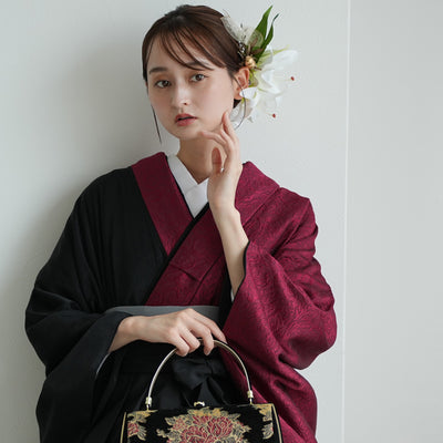 【レンタル】 袴 17点セット 二尺袖着物 半身 密か紅×ブラック 重ね衿縫い付済  卒業式 大学生 専門学生（1020727901）