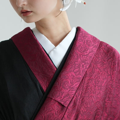 【レンタル】 袴 17点セット 二尺袖着物 半身 密か紅×ブラック 重ね衿縫い付済  卒業式 大学生 専門学生（1020727901）