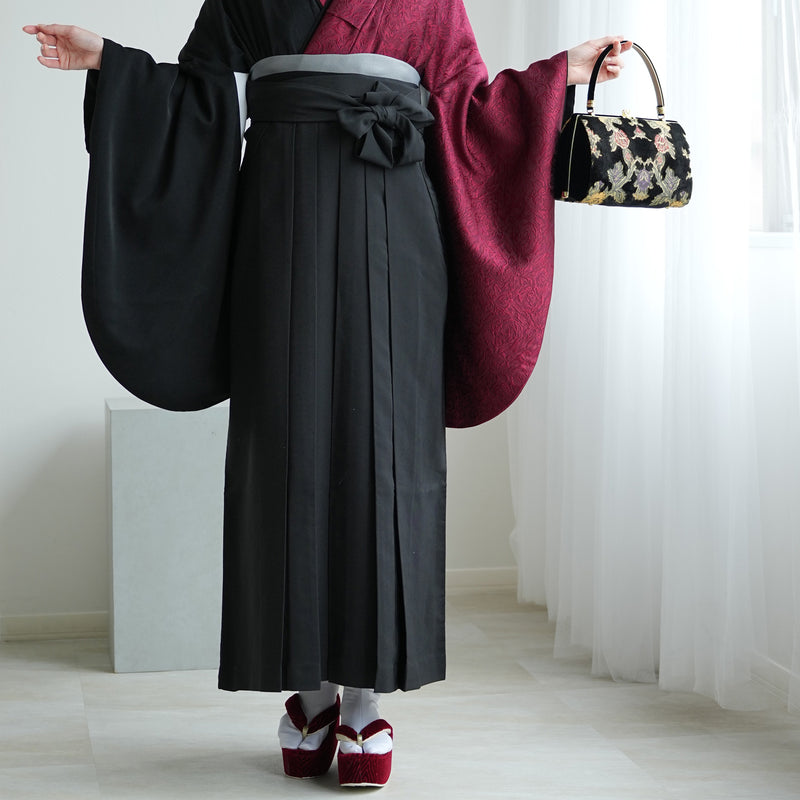 【レンタル】 袴 17点セット 二尺袖着物 半身 密か紅×ブラック 重ね衿縫い付済  卒業式 大学生 専門学生（1020727901）