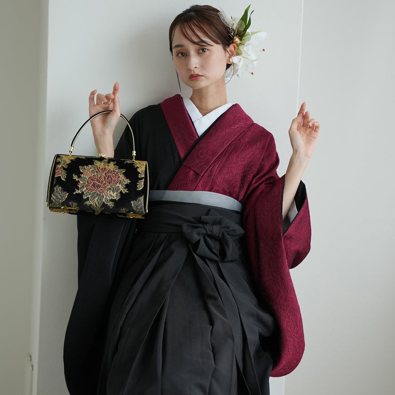【レンタル】 袴 17点セット 二尺袖着物 半身 密か紅×ブラック 重ね衿縫い付済  卒業式 大学生 専門学生（1020727901）