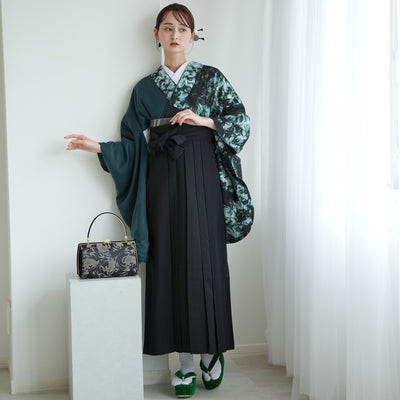 【レンタル】 袴 17点セット 二尺袖着物 半身 孔雀色の影×グリーン 重ね衿縫い付済  卒業式 大学生 専門学生（1020728001）