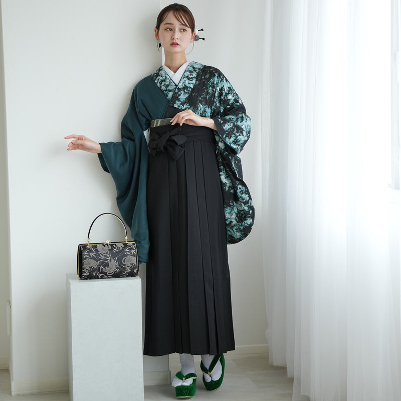 【レンタル】 袴 17点セット 二尺袖着物 半身 孔雀色の影×グリーン 重ね衿縫い付済  卒業式 大学生 専門学生（1020728001）