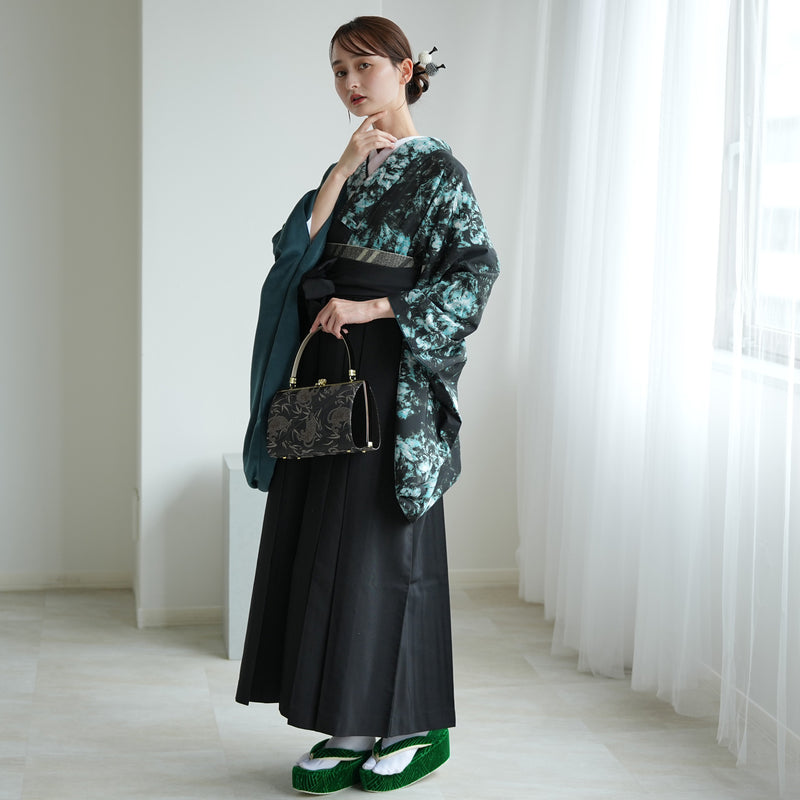 【レンタル】 袴 17点セット 二尺袖着物 半身 孔雀色の影×グリーン 重ね衿縫い付済  卒業式 大学生 専門学生（1020728001）