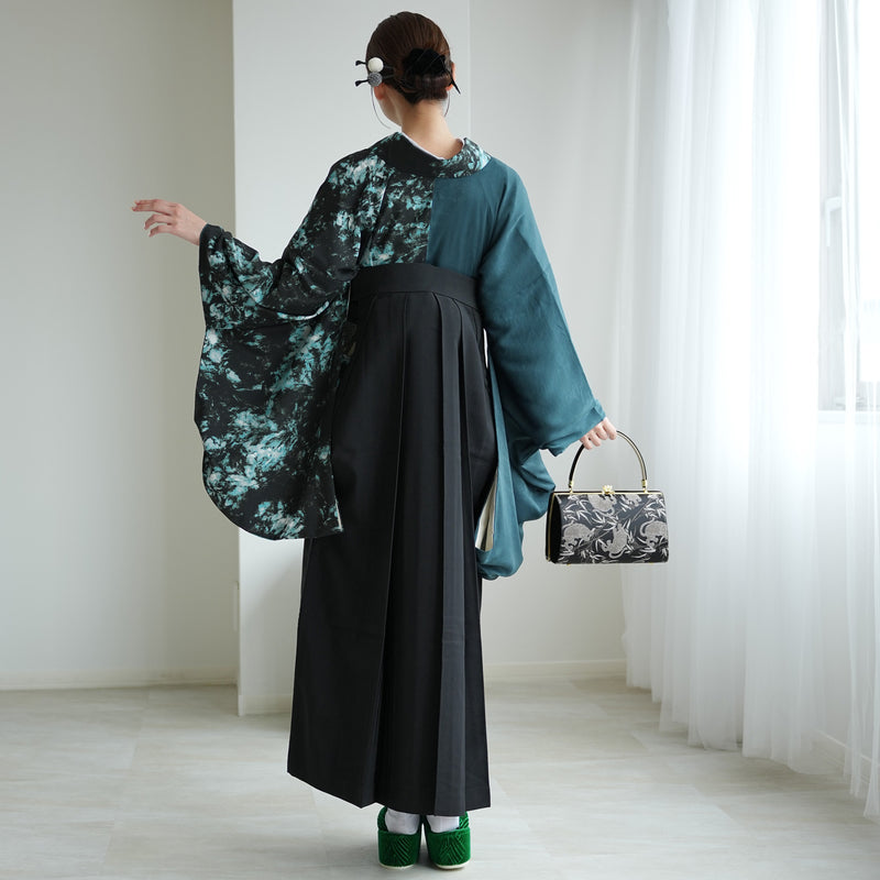 【レンタル】 袴 17点セット 二尺袖着物 半身 孔雀色の影×グリーン 重ね衿縫い付済  卒業式 大学生 専門学生（1020728001）
