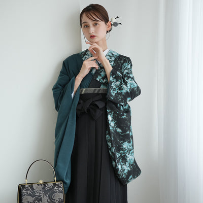 【レンタル】 袴 17点セット 二尺袖着物 半身 孔雀色の影×グリーン 重ね衿縫い付済  卒業式 大学生 専門学生（1020728001）