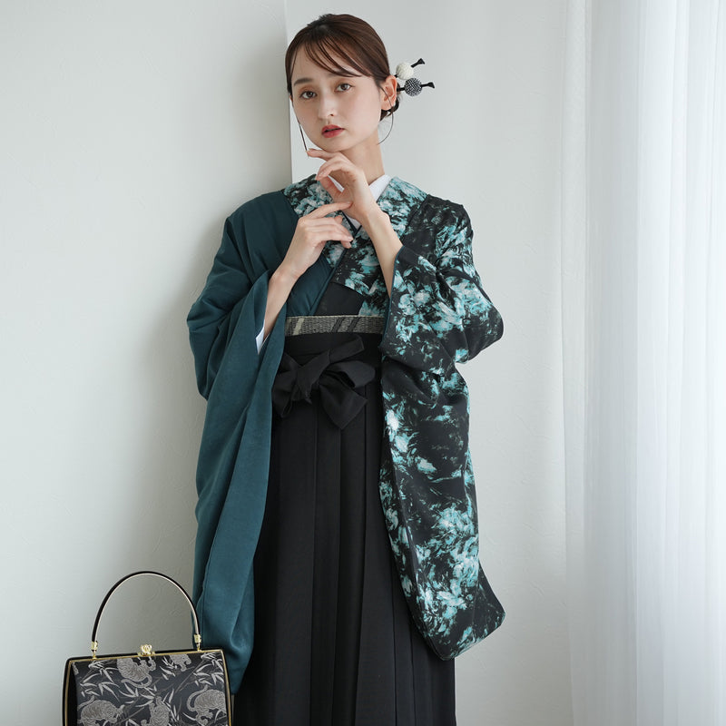 【レンタル】 袴 17点セット 二尺袖着物 半身 孔雀色の影×グリーン 重ね衿縫い付済  卒業式 大学生 専門学生（1020728001）