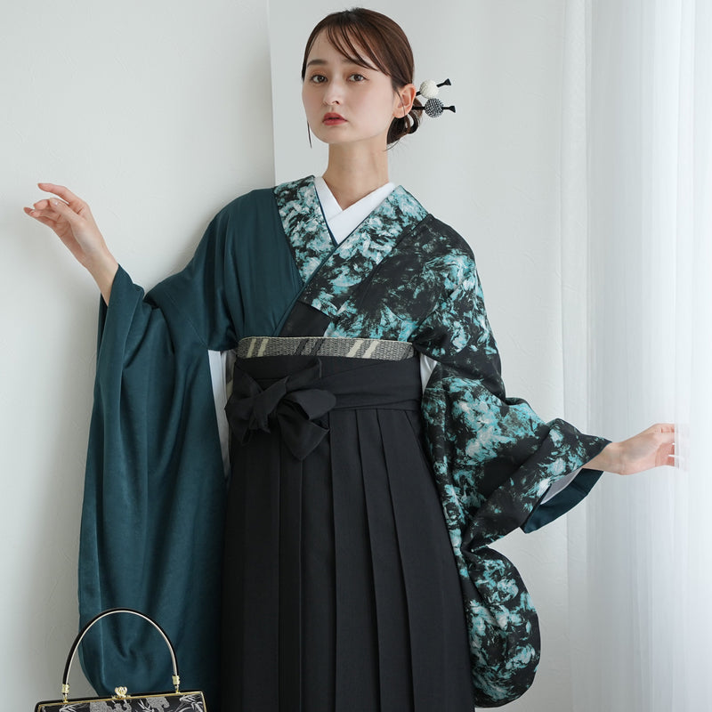 【レンタル】 袴 17点セット 二尺袖着物 半身 孔雀色の影×グリーン 重ね衿縫い付済  卒業式 大学生 専門学生（1020728001）