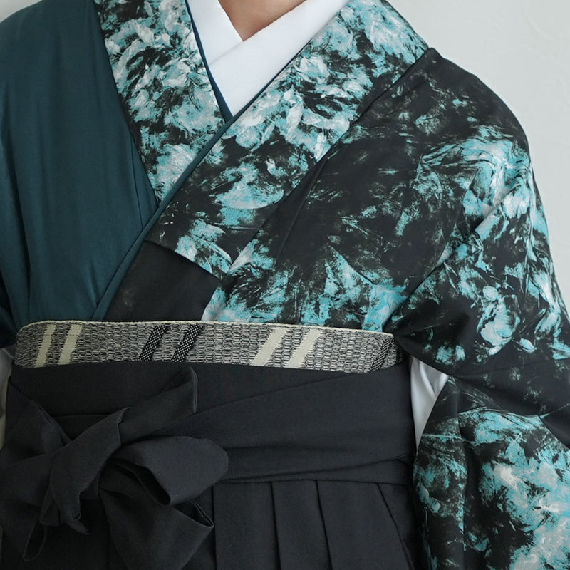 【レンタル】 袴 17点セット 二尺袖着物 半身 孔雀色の影×グリーン 重ね衿縫い付済  卒業式 大学生 専門学生（1020728001）