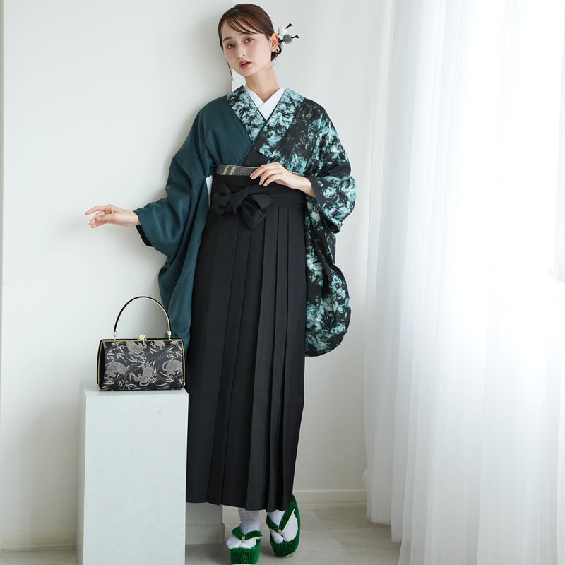 【レンタル】 袴 17点セット 二尺袖着物 半身 孔雀色の影×グリーン 重ね衿縫い付済  卒業式 大学生 専門学生（1020728001）