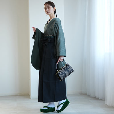 【レンタル】 袴 17点セット 二尺袖着物 半身 月霞パイソン 翠色 アシンメトリー グリッター ラメ 蛇柄 重ね衿縫い付済  卒業式 大学生 専門学生（1020728101）