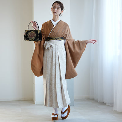 【レンタル】 袴 17点セット 二尺袖着物 半身 月霞パイソン 砂色 袴91cm（身長153-158cm）キャメル アシンメトリー グリッター ラメ 蛇柄 重ね衿縫い付済  卒業式 大学生 専門学生（1020728211）