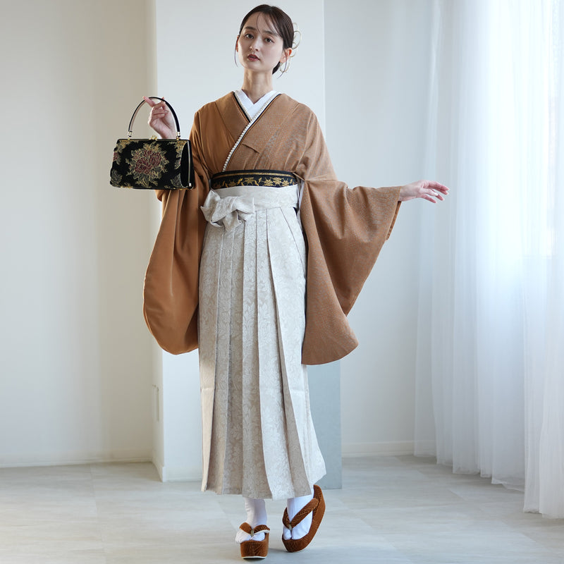 【レンタル】 袴 17点セット 二尺袖着物 半身 月霞パイソン 砂色 袴91cm（身長153-158cm）キャメル アシンメトリー グリッター ラメ 蛇柄 重ね衿縫い付済  卒業式 大学生 専門学生（1020728211）