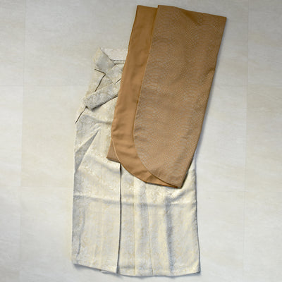 【レンタル】 袴 17点セット 二尺袖着物 半身 月霞パイソン 砂色 袴91cm（身長153-158cm）キャメル アシンメトリー グリッター ラメ 蛇柄 重ね衿縫い付済  卒業式 大学生 専門学生（1020728211）