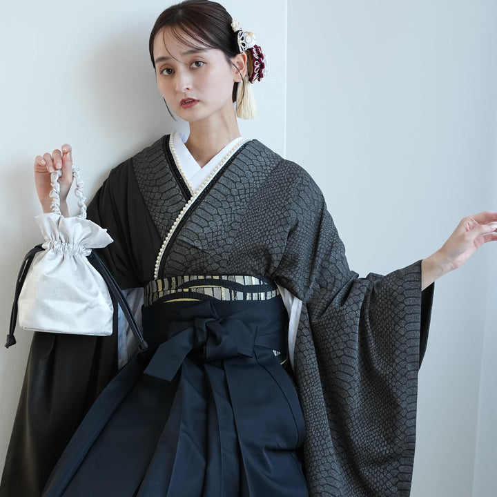 レンタル】 袴 17点セット 二尺袖着物 半身 月霞パイソン 黒曜色