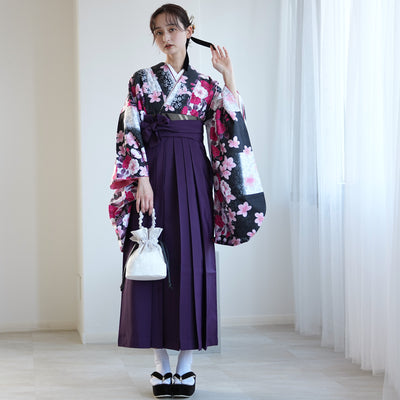 【レンタル】 袴 17点セット  utatane 二尺袖着物 ハイカラさん市松にお花 袴95cm（身長約158-163cm）重ね衿縫い付済  卒業式 大学生 専門学生（1021603401）