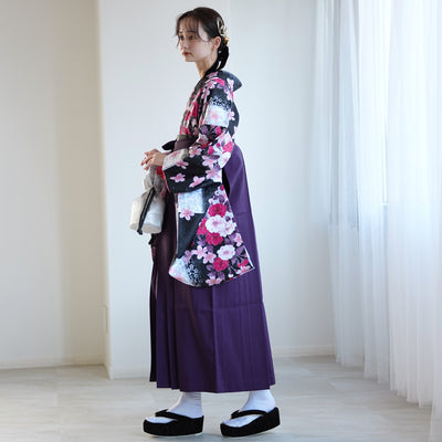 【レンタル】 袴 17点セット  utatane 二尺袖着物 ハイカラさん市松にお花 袴95cm（身長約158-163cm）重ね衿縫い付済  卒業式 大学生 専門学生（1021603401）