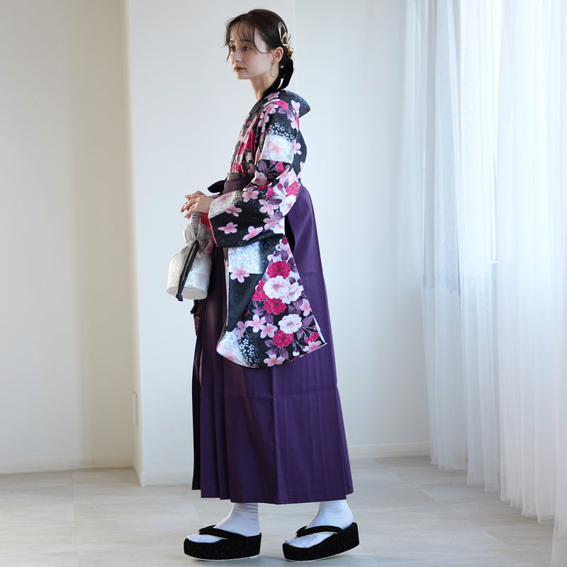 【レンタル】 袴 17点セット  utatane 二尺袖着物 ハイカラさん市松にお花 袴95cm（身長約158-163cm）重ね衿縫い付済  卒業式 大学生 専門学生（1021603401）