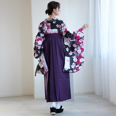 【レンタル】 袴 17点セット  utatane 二尺袖着物 ハイカラさん市松にお花 袴95cm（身長約158-163cm）重ね衿縫い付済  卒業式 大学生 専門学生（1021603401）