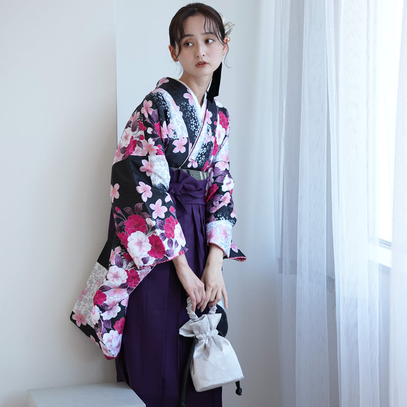 【レンタル】 袴 17点セット  utatane 二尺袖着物 ハイカラさん市松にお花 袴95cm（身長約158-163cm）重ね衿縫い付済  卒業式 大学生 専門学生（1021603401）