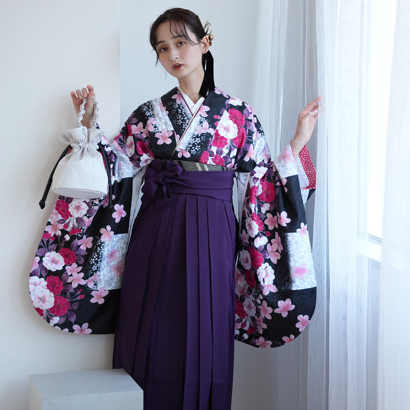 【レンタル】 袴 17点セット  utatane 二尺袖着物 ハイカラさん市松にお花 袴95cm（身長約158-163cm）重ね衿縫い付済  卒業式 大学生 専門学生（1021603401）