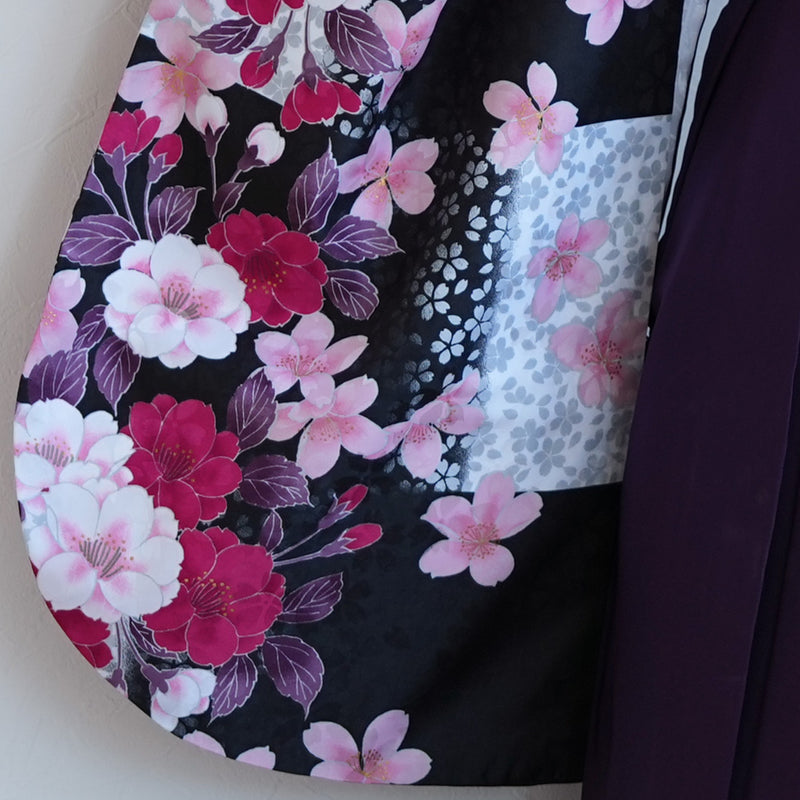 【レンタル】 袴 17点セット  utatane 二尺袖着物 ハイカラさん市松にお花 袴95cm（身長約158-163cm）重ね衿縫い付済  卒業式 大学生 専門学生（1021603401）