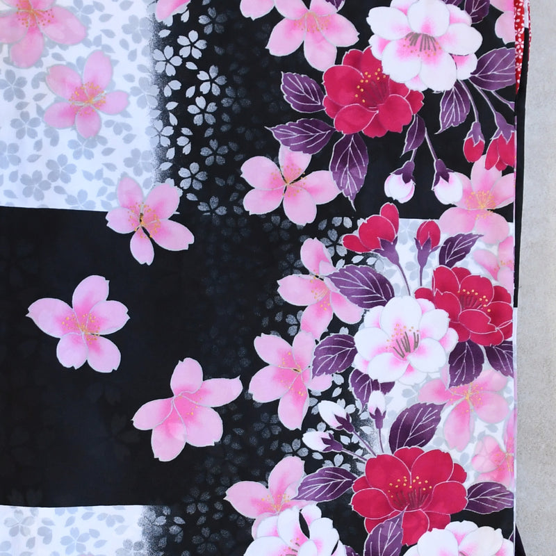 【レンタル】 袴 17点セット  utatane 二尺袖着物 ハイカラさん市松にお花 袴95cm（身長約158-163cm）重ね衿縫い付済  卒業式 大学生 専門学生（1021603401）