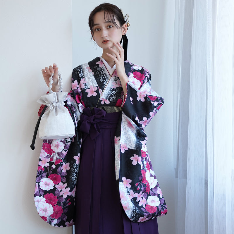 【レンタル】 袴 17点セット  utatane 二尺袖着物 ハイカラさん市松にお花 袴95cm（身長約158-163cm）重ね衿縫い付済  卒業式 大学生 専門学生（1021603401）